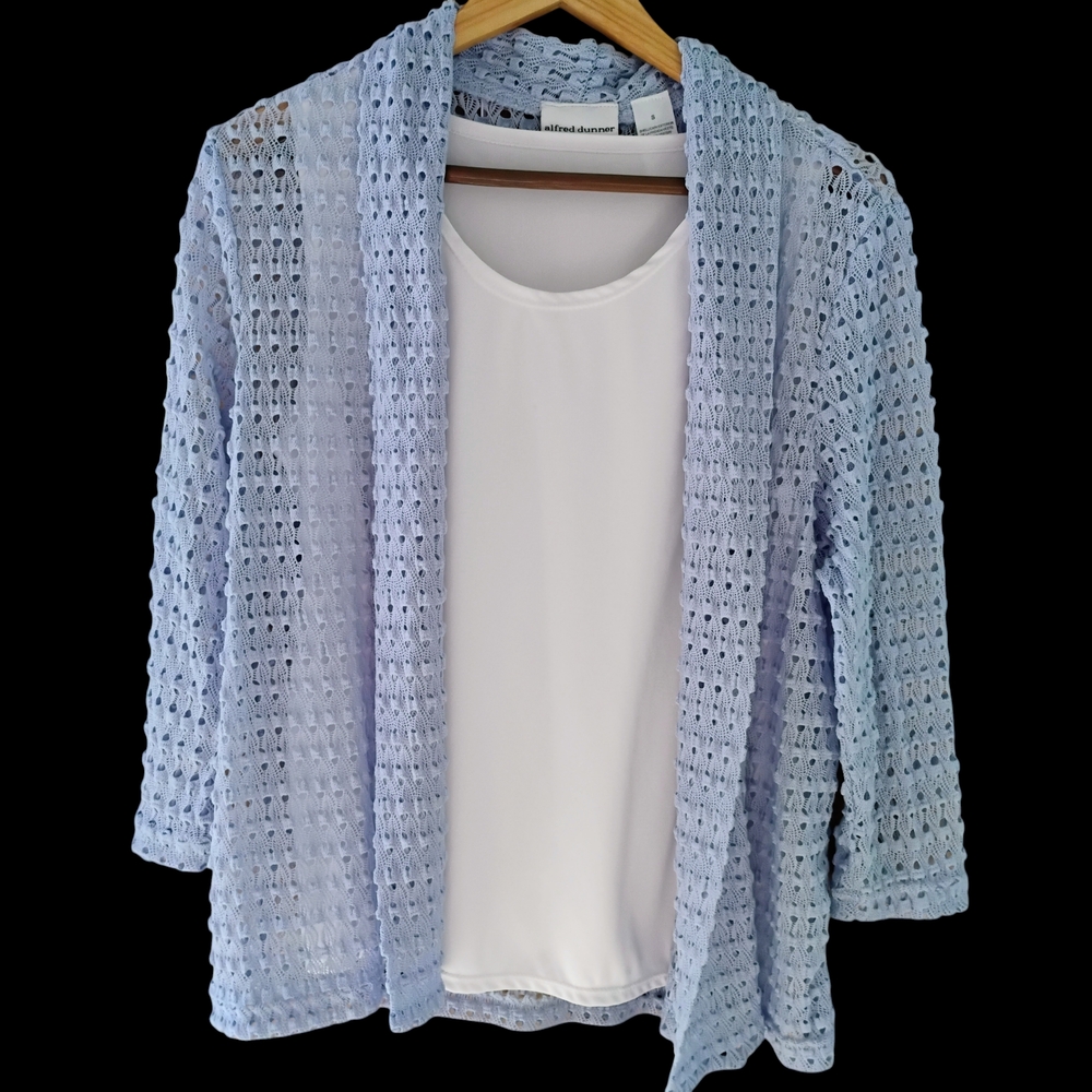 Alfred Dunner Periwinkle Blue Open Knit Cardigan & White Tank Top Set Sz S